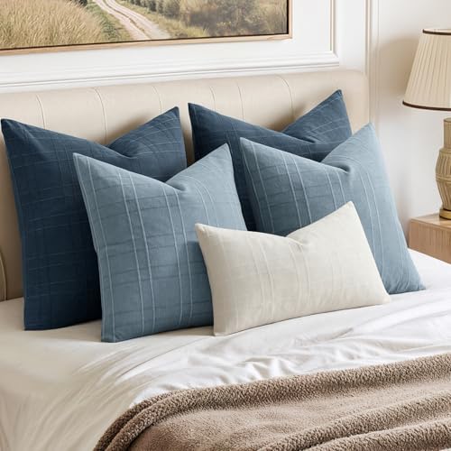 Image of MIULEE Decorative Linen Check Throw Pillow Covers Neutral Farmhouse Vintage Pillow Covers 18x18 Set of 2 Boho Modern Home Decor for Sofa Couch Bedroom Cushion Blue Grey