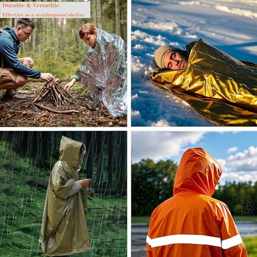 Image of 4X Survival Gear kit, Emergency Poncho (2pc), Emergency Space Blanket (2pc), Mylar Liner - Retains 92% Body Heat, for Outdoors, Hiking, Camping, Bug Out Bag, Marathons or First Aid, Car (Green)