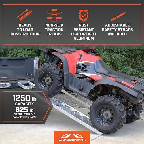 CARGOSMART Aluminum Straight Fixed Ramp with Treads (2pk) - Easily and Safely Load and Unload Light Equipment, Lawn Tractors, ATVs and More, 1,250 lb. Capacity, 12" W x 78" L