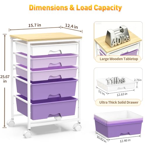Image of SUNALLY Rolling Carts With 5 Drawers, Storage Drawer Carts for Craft,Purple
