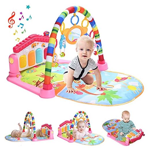 HIUME Gimnasio Bebé, Manta Actividades Bebé, Juguetes de Piano para Patear y Tocar con Música y Luces, Alfombra Sensorial para Bebés, Regalos para Niños y Niñas de 1 a 6-12-24 Meses Rosa