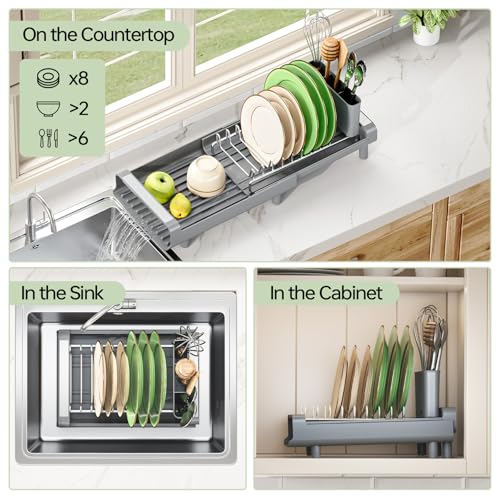 Image of Toolf Expandable Dish Rack, Compact Dish Drainer, Stainless Steel Dish Drying Rack with Removable Cutlery Holder, Anti Rust Plate Rack, Small Sink Drainer for Sink or Kitchen Countertop