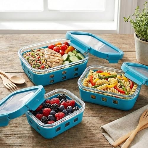 Image of The Better Home Borosilicate Glass Food air Tight Glass Container for Kitchen Set of 3 Blue | Silicone Sleeves & Lock Lids | Kitchen containers Set | Microwave-Safe| Lunch Box | 1050ml 640ml 370ml