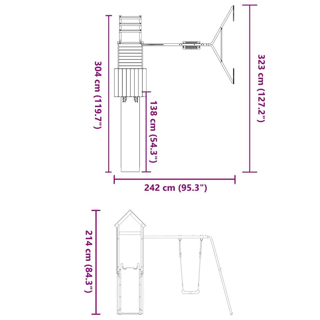 Wieża do zabawy z impregnowanego ciśnieniowo drewna sosnowego ze zjeżdżalnią, huśtawką, drabinką i piaskownicą do ogrodu, platforma 90 cm, 242 x 304 x 214 cm, dla dzieci w wieku od 3 do 8 lat