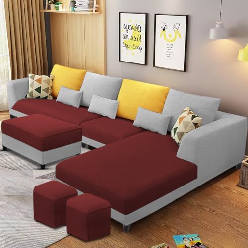 Image of Galib LHS 8 Seater L Shape Sofa Set for Living Room (Maroon Grey Fabric) Premium Fabric Sofa