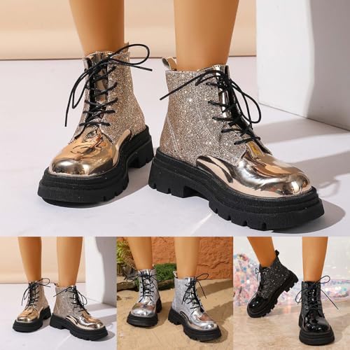 Generisch Damen Stiefeletten Plateau Schnürstiefel Disco Pailletten Chunky Boots Vintage Party Stiefeletten mit Runder Kappe & Stabler Sohle, Alltag Herbst Winter Gothic Boots Karneval Kostüm