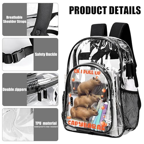 Capybara Clear Backpack Heavy Duty for Girls Kids Boys Women Men - Large Cute PVC Capybaras Theme Printing Transparent Backpacks for Schools Stadium Concerts Work - Clear/Black4