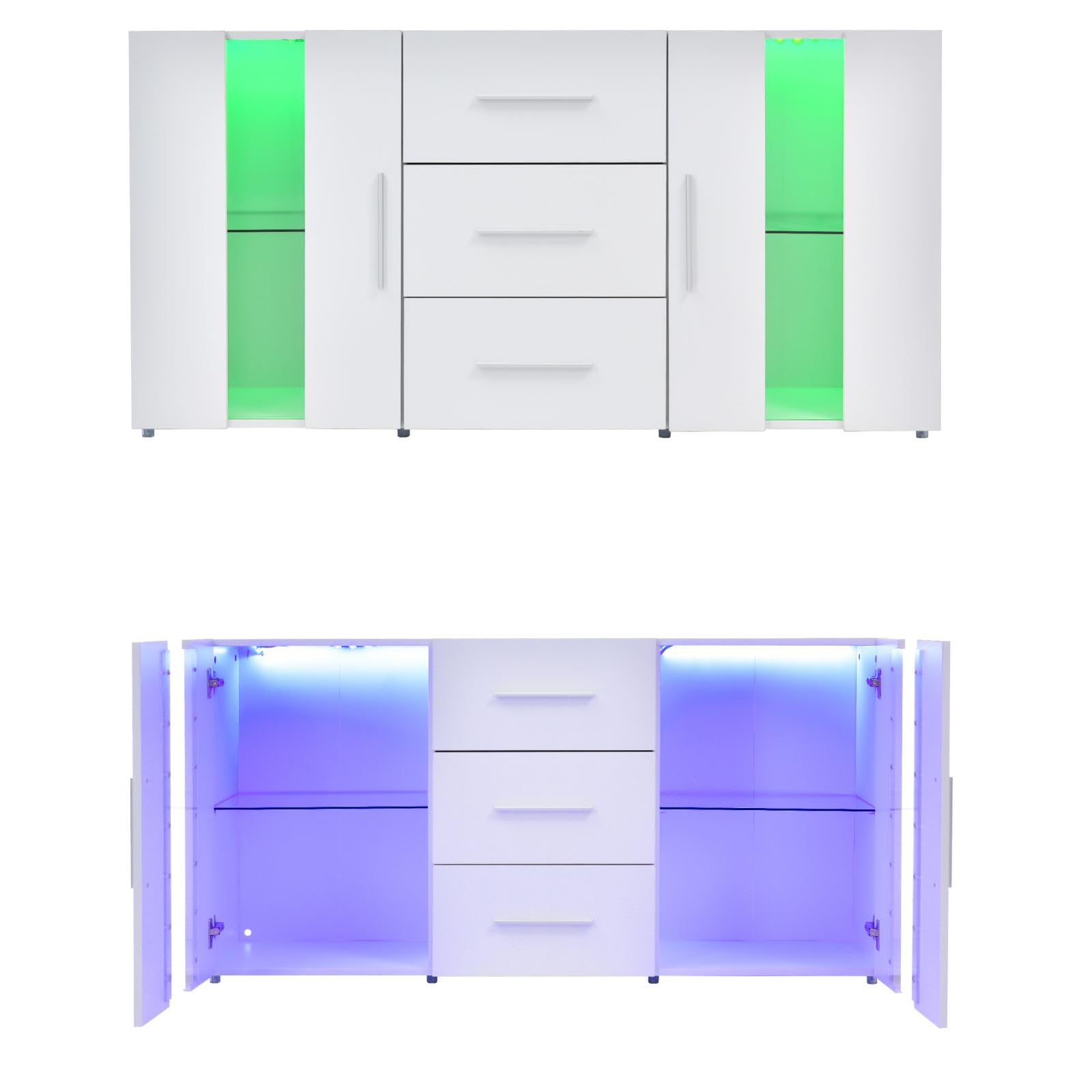 Credenza moderna 160×44×87 cm - 6 cassetti e 2 ante a vetro - con