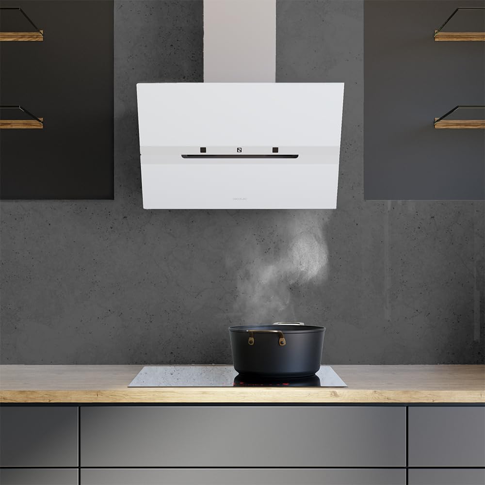 Cecotec Campana Extractora Decorativa 60Cm Bolero Flux Dt 608010 Glass White A++. Acabado Vidrio Blanco, Chimenea Inox, Succión 800M3/H, Motor 210W, Apertura Automática, Filtro Carbono