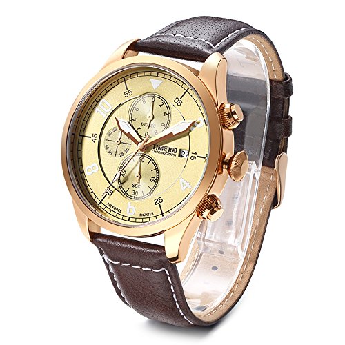 Time100 Mens Fashion Quartz Watch,Multifunctional Business and Leisure Watches with Three Sub Dial Chronograph Calendar and Genuine Leather Strap Watches