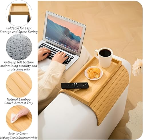 Image of MISHAVI Sofa Armrest Tray - Flexible Wooden Sofa Arm Tray & Integrated Cup Holder - Large Couch Side Arm Wooden Cover for Snacks & Drinks - Fits Round & Square Armrests - Premium Sofa Accessories