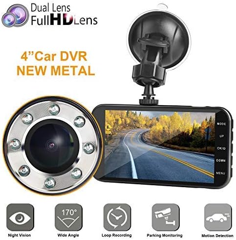 Dual dash car cam, MI YUOG FHD 1080P camera front and rear with night vision,2 channel 310ยฐ wide angle lens 4โ screen dashboard cam, G-senor, Parking monitor,motion detection.for trucks uber driver