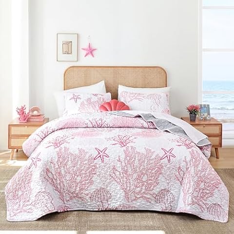 weigelia Coastal Quilts Bedding Set King Size - Pink Summer Nautical Bedding Quilt with Pillow Cases, Beach Reversible Quilt Set Ocean Coral Bedspreads Coverlet Soft Lightweight Comforter Cover