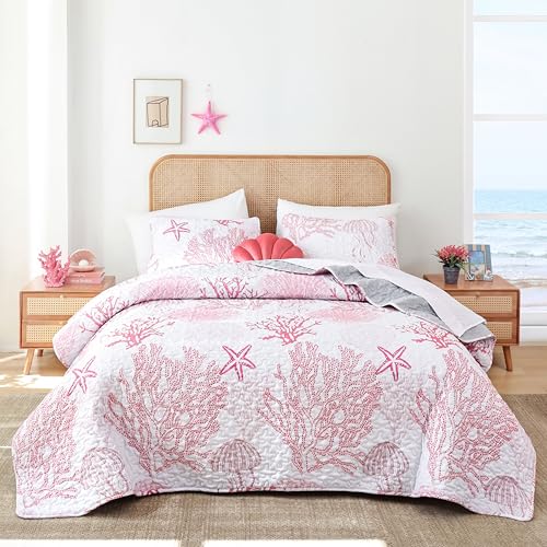weigelia Coastal Quilts Bedding Set Queen Size - Pink Summer Nautical Bedding Quilt with Pillow Cases, Beach Reversible Quilt Set Ocean Coral Bedspreads Coverlet Soft Lightweight Comforter