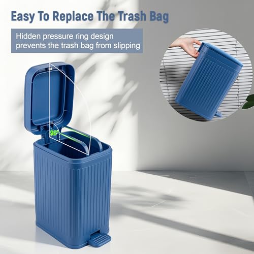 Image of rejomiik Small Bathroom Trash Can with Lid Slim Soft Close Garbage Can Step Wastebasket Container Trash Bin for Office Bedroom Kitchen Living Room 1.9 Gallon, Navy Blue