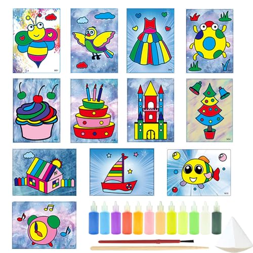 Canollo Sandbilder Kinder, Sandbilder Kreativset mit 12 Flaschen Farbsand, 12 Blatt Sandkunst-Malkarten, Sandbild für Kinder zum Selbermachen von Design-Kritzeln, Kreatives DIY, Handgemachte Malerei