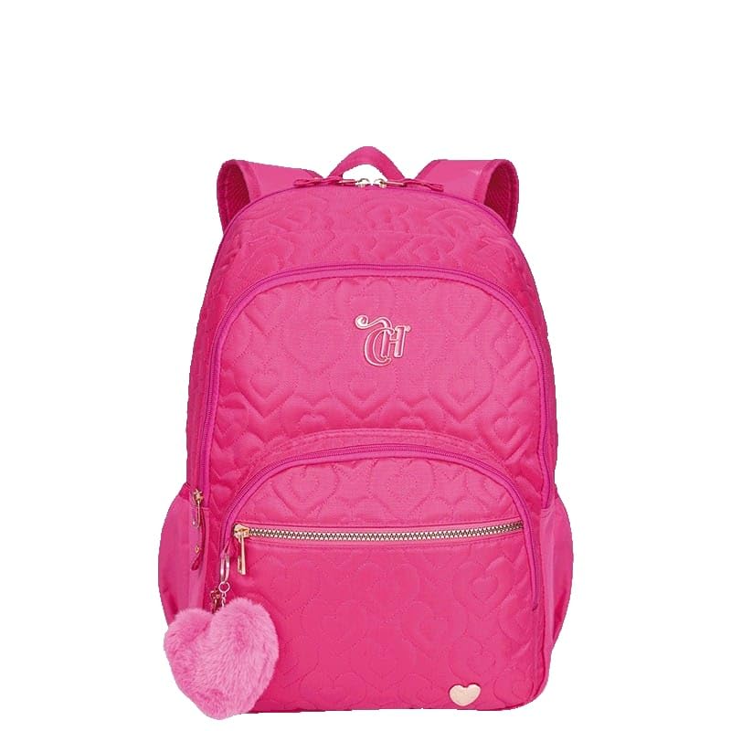 Mochila Capricho Crush Rosa, Acolchoada com Estampa de Corações, Pompom Decorativo, Metalassê, com Bolso Lateral, Reforçada