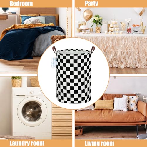 Image of Round Laundry Basket Collapsible Boys Nursery Hamper Organizer Racing Flag | Waterproof Canvas Foldable Storage Bin Car Toy Bins Gift Baskets Bedroom Clothes for Home Play Bedroom Gift