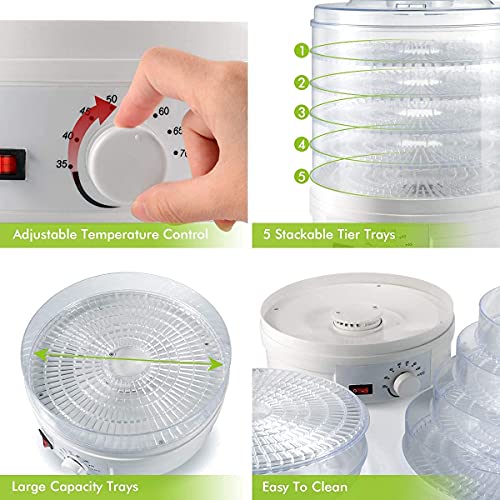 Image of Food Dehydrator Machine Dehydrate Beef Jerky Meat Mushrooms Fruits & Vegetables Great For At High-Heat Circulation Home Use for Kitchen Dehydration Food Dryer Machine with 5 Stackable Trays (White)