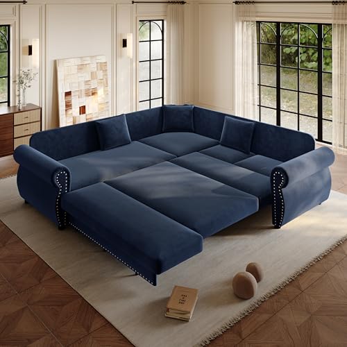 Image of KEIKI 88.2 inch Chesterfield Sleeper Sofa, Chenille Sectional Couch, Blue