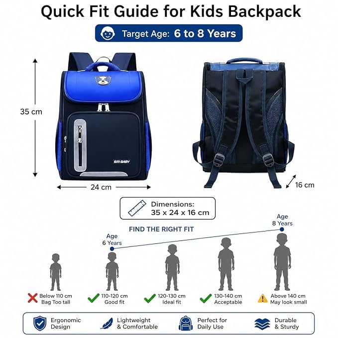 Image of School Bag for Boys & Girls 6-10 Years | Kids Lightweight Waterproof Backpack for 8-10 Years | Spacious Durable Book Bag for Primary & Middle School Students