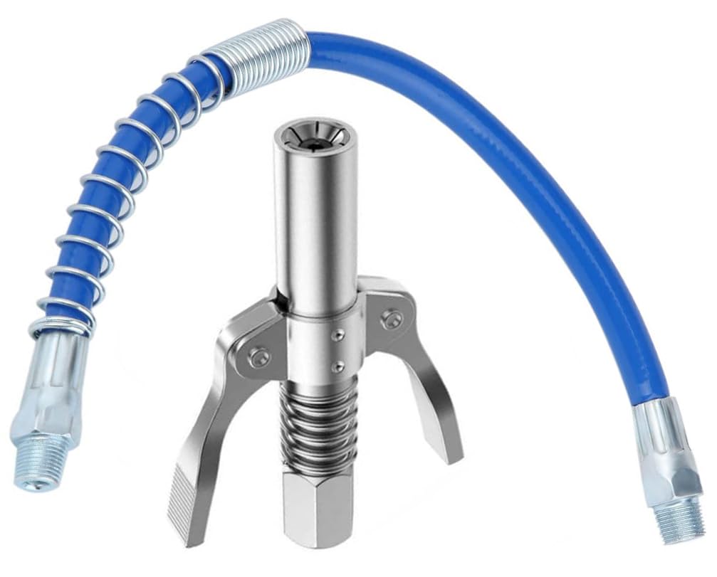 EPITECH MART Grease Gun Coupler Quick Lock and Release 10000 PSI Grease Coupler with 12inch Flexiable Blue Hose Pipe-image-43