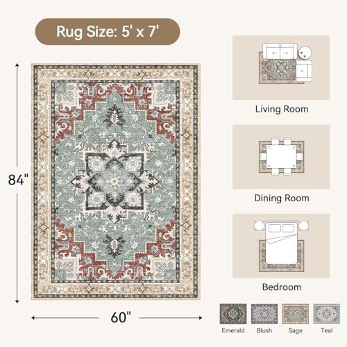 Lofus 5x7 Area Rugs for Living Room and Bedroom, Machine Washable Rug for Kitchen Office, Non Slip Low Pile Carpet for Kids and Pets, Vintage Boho Soft Carpets, Beige Orange