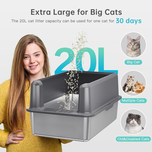 Image of Stainless Steel Litter Box, Open Top High Sided Cat Litter Box for Big Cat | XL, 1 Scoop, Anti-Urine Leakage, Non-Stick Odor-Free, Easy Clean, High Sides Block Spray, Reduce Litter Tracking, Durable