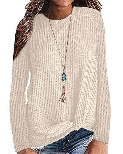 MISFAY Pullover für Frauen Casual Langarm Tops Lose Twist Knot Waffelstrick Shirts Aprikose X-Large Cover