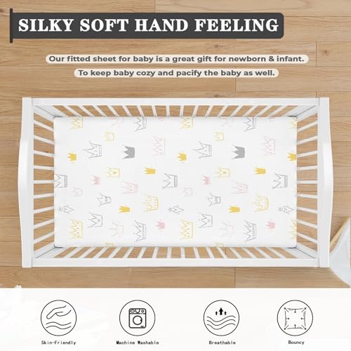 Image of Crown Baby Crib Sheets for Boys Girls Cute Crown Fitted Crib Sheet for Standard Crib and Toddler Mattress Grey Baby Mattress Sheets Toddler Bed Sheet 52x28x8 in