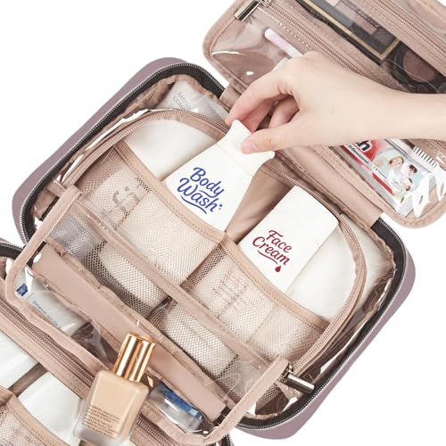 Image of NISHEL Travel Toiletry Bag for women, Portable Hanging Organizer for Travel-Sized Shampoo, Conditioner, Brushes Set, Makeup Accessories, Medium Size, Peach Pink