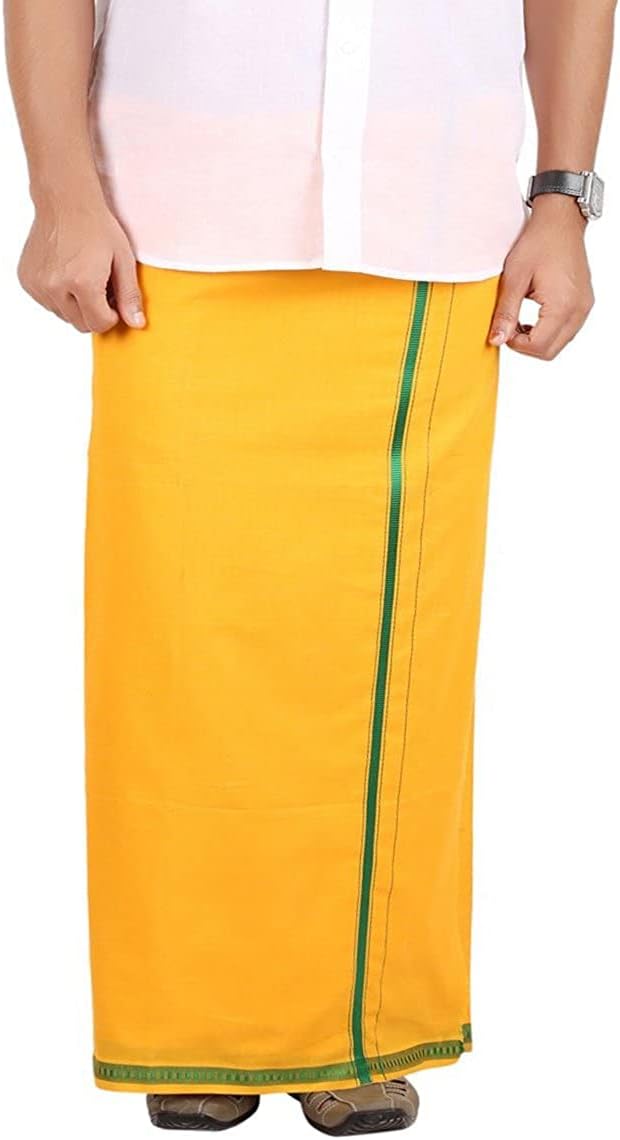 Kolakeer™ Men's Cotton Pentex Dhoti - Kerala Style Single Mundu with Golden Resham Border - 4 Mulam/1.9 Mtrs (Yellow)
