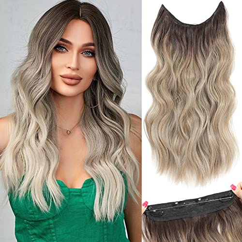 Long Invisible Wire Hair Extensions With Transparent Wire Adjustable Size 4 Secure Clips Secert Synthetic Hairpieces 16 Inch Blonde With Brown Roots Long Wavy Curly Hair Extensions For Women #TOP5
