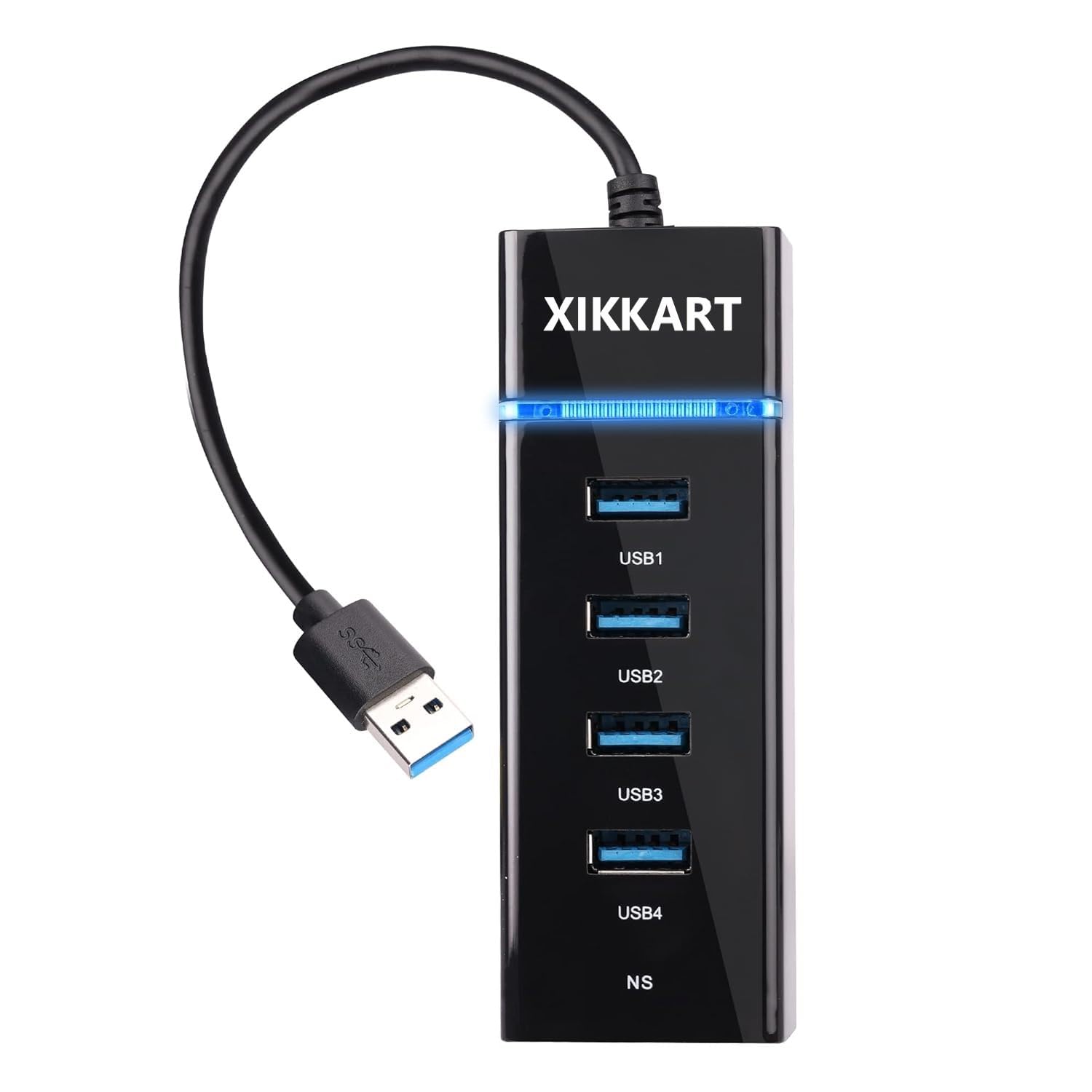 XIKKART 4 Port USB 3.0 Hub with Hi-Speed Data Transfer, LED Indication, 30cm Cable, Backward Compatible, Multi Device Connection, Plug Play Usage, Glossy Finish and Lightweight Design (Black)