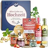 Gepp’s Feinkost Just Married Hochzeitsgeschenk für das Brautpaar I Geschenkbox gefüllt mit Delikatessen wie hausgemachter Herzpasta, Trüffel-Pesto I Gourmet Geschenk Hochzeit