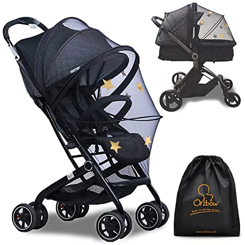 Orzbow Universal Mückennetz für Kinderwagen,Reißfest Insektenschutz für Buggy mit Tasche,Feinmaschig Fliegennetz für Reisebett mit Gummizug,3D-Unterstützung & Zweiwege-Reißverschlus (Schwarze Sterne)