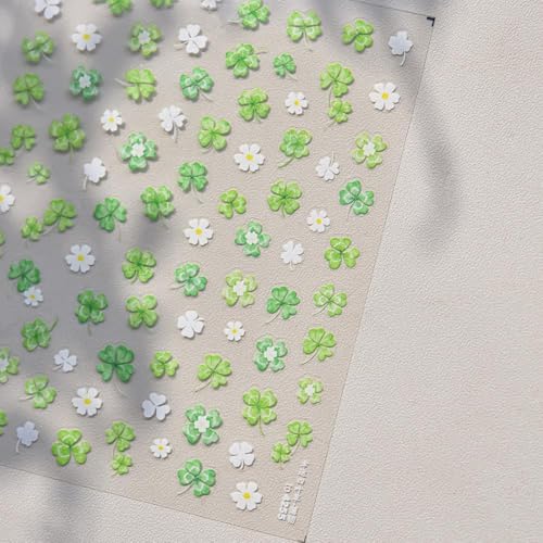 Image of Clover Nail Art Stickers Green White Nail Stickers for Nail Art Spring Plant 5D Embossed Nail Decals Self-Adhesive Nails St Patricks Supplies Manicure Decoration