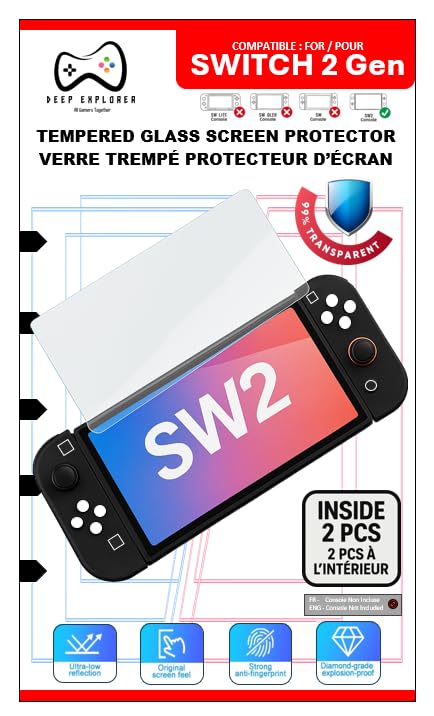 DEEP EXPLORER Verre trempé compatible avec Switch 2 – Lot de 2 – Dureté 9H – Anti-rayures – Qualité HD – Clarté parfaite – Anti-traces