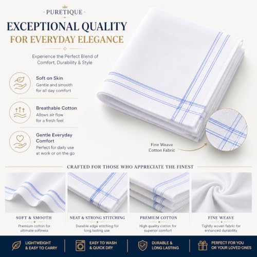 Image of Handkerchief for Men Cotton | Soft Pure Cotton Hanky Set for Men & Boys | White Rumal for Kids | Large Size 43 x 43 cm | Reusable Daily Use
