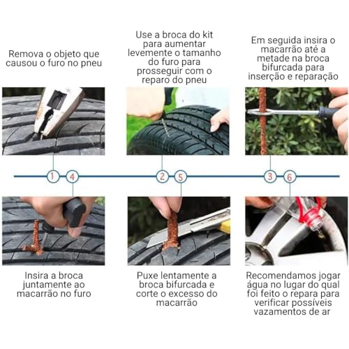 Kit Reparo de Pneu Profissional, Remendo Completo para Carro e Moto, 3 Macarrões de Vedação, 2 Broca