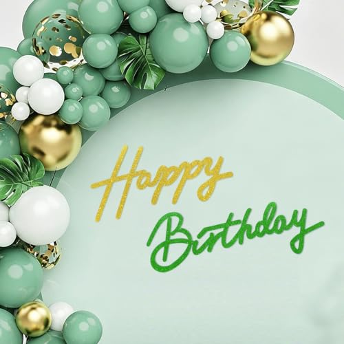 Image of TONIFUL Happy Birthday Sign for Backdrop - Glitter Green Gold Felt Banner - Includes Dot Glue - Perfect for Birthday Party Backdrop,Wall Decr,Balloon Arch,Photo Background