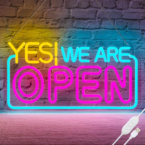 Basaneon Bright Open Sign Dimmable Open Neon Signs, USB or Battery Operated Open SignS for Business, High Visibility Advertisement YES WE ARE OPEN Neon Pink Open Sign with ON/OFF Switch(16.5 * 9in)