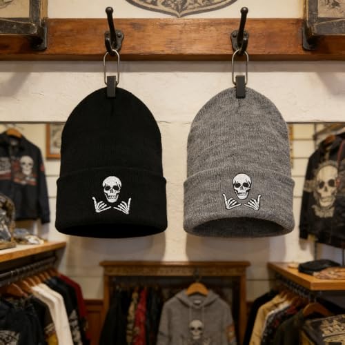 Image of Embroidered Skeleton Beanie Hat Winter Stretch Knit Skull Cap for Men Women