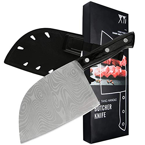 XYJ Full Tang Butcher Knife Serbian Chef Knife High Carbon Steel Kitchen Knife with Plastic Carrying Knife Sleeves Cleaver for Camping Hunting Outdoor Survival