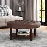 Rpuzonier 32 Inch Faux Leather Round Ottoman Coffee Table With Button Tufted Top, Wood Shelf Storage, Farmhouse Footrest for Living Room (A-Dark Brown)