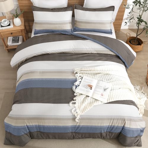 Litanika Queen Comforter Set Blue Brown - 3 Pieces Lightweight Fluffy Bedding Comforter Sets, All Season Down Alternative Comforter (1 Comforter, 2 Pillowcases)