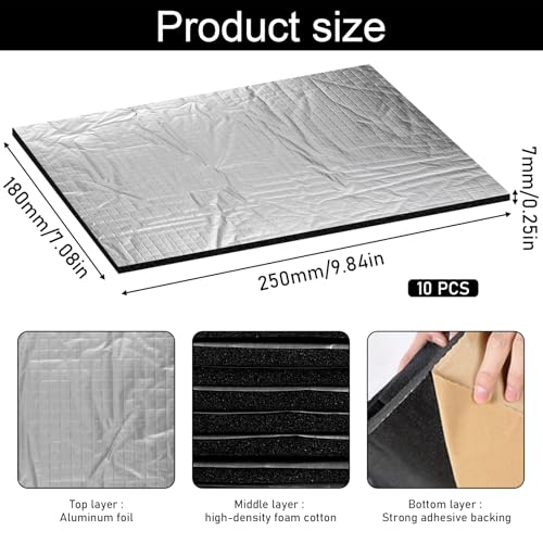 10 Stück Dämmmatte Auto, 250*180*7mm Alubutyl Platten Dämmmatte, Isolierung Feuerfest Wasserdicht Antidröhnmatte, Dämmmatte Selbstklebend für Schallschutz und Wärmedämmung in Wohnungen