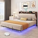 YITAHOME Queen Size Floating Bed Frame with Charging Station, PU Upholstered Platform Bed with 43.3'' Headboard, Hidden Storage, RGB LED Lights, No Box Spring Needed, Easy Assembly, Noise-Free, Beige