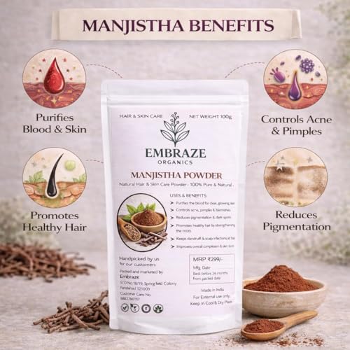 Image of Manjistha Powder for Face & Hair | Natural Herbal Skincare Powder for Clear Skin, Dark Spot Reduction & Healthy Hair Growth (100g)