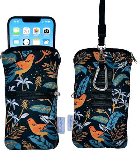Image of Tainada Men Women Phone Neoprene Shockproof Zipper Sleeve Case Bag Pouch with Carabiner, Neck Lanyard, Belt Loop Holster for iPhone 17 /16 Pro Max, 16 Plus, Samsung S25, S24 (Birds Floral Navy Blue)